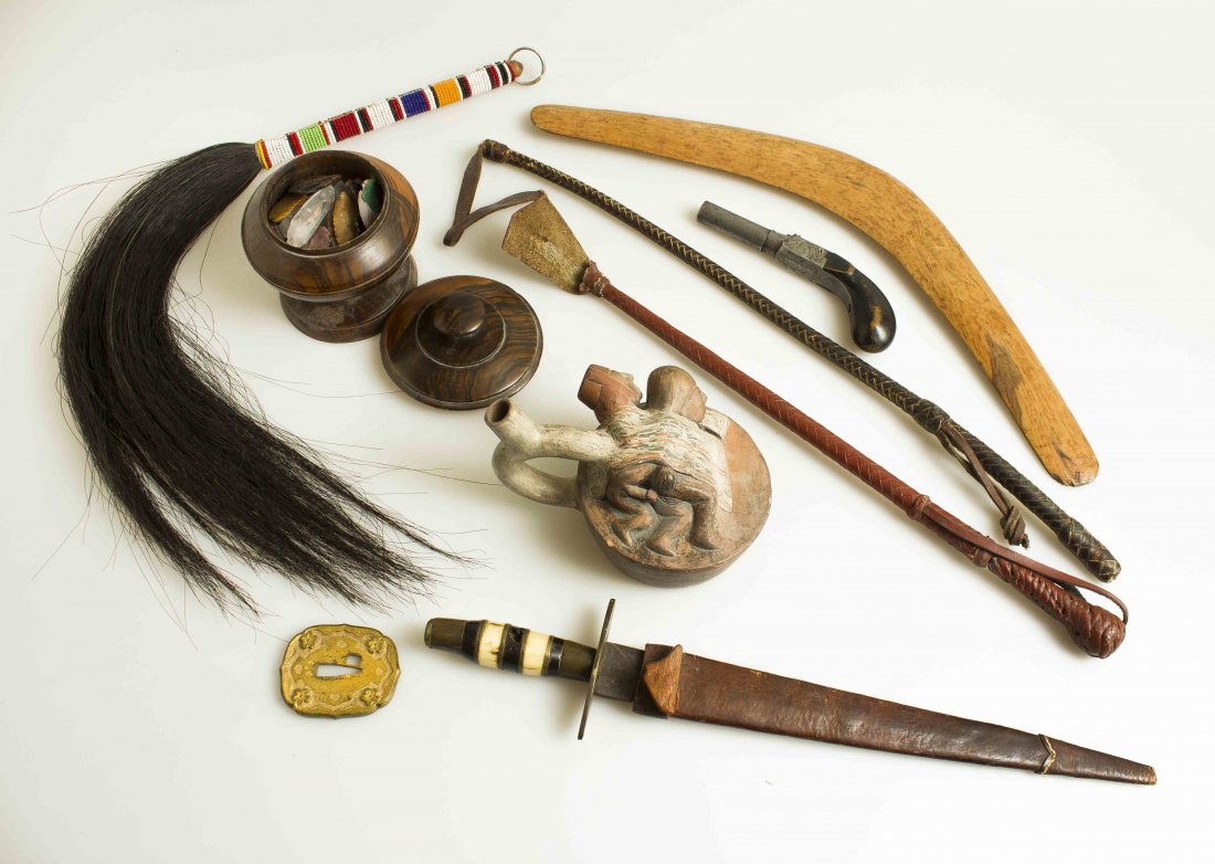 Antique Weapons, Ethnographic Items, 2 Riding Whips and: 1. Large Phillippine plug-bayonet styled dagger and sheath. Grip is alternating bone, horn and bras bands. Brass cross guard. 2. Box-lock “Muff pistol,” turn off barrel, percussion, Belgian proofe