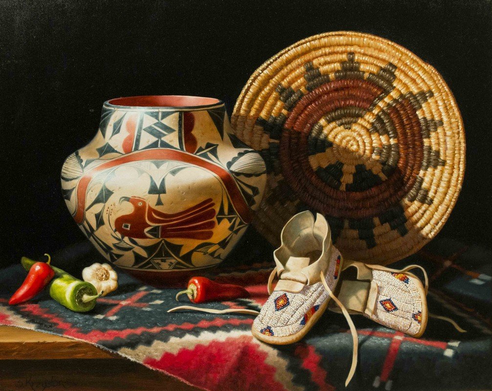 Sue Krzyston Still Life of Native American Objects: Sue Krzyston Still Life of Native American Objects. Processing and shipping within the continental U.S. $105.00 plus 1.5% replacement cost insurance. We combine shipping to reduce cost. Please note we