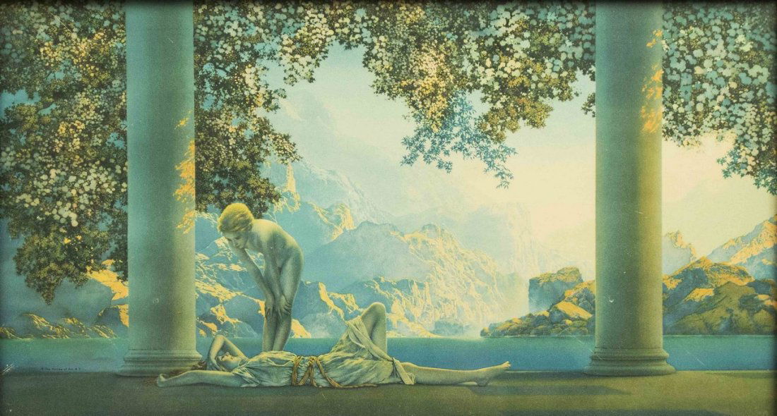 Maxfield Parrish "Daybreak" Print: Maxfield Parrish "Daybreak" Print, with original frame. Processing and shipping within the continental U.S. $45. plus 1.5% replacement cost insurance. We combine shipping to reduce cost. Please note
