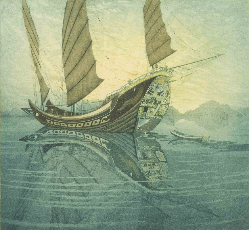 John T. Arms Etching, "Where The Junk Sails Lift", 1922: John Taylor Arms Etching, "Where the Junk Sails Lift", 1922. Etching was printed with aquatint in blue and black. Processing and shipping within the continental U.S. $50.00 plus 1.5% replacement cost�