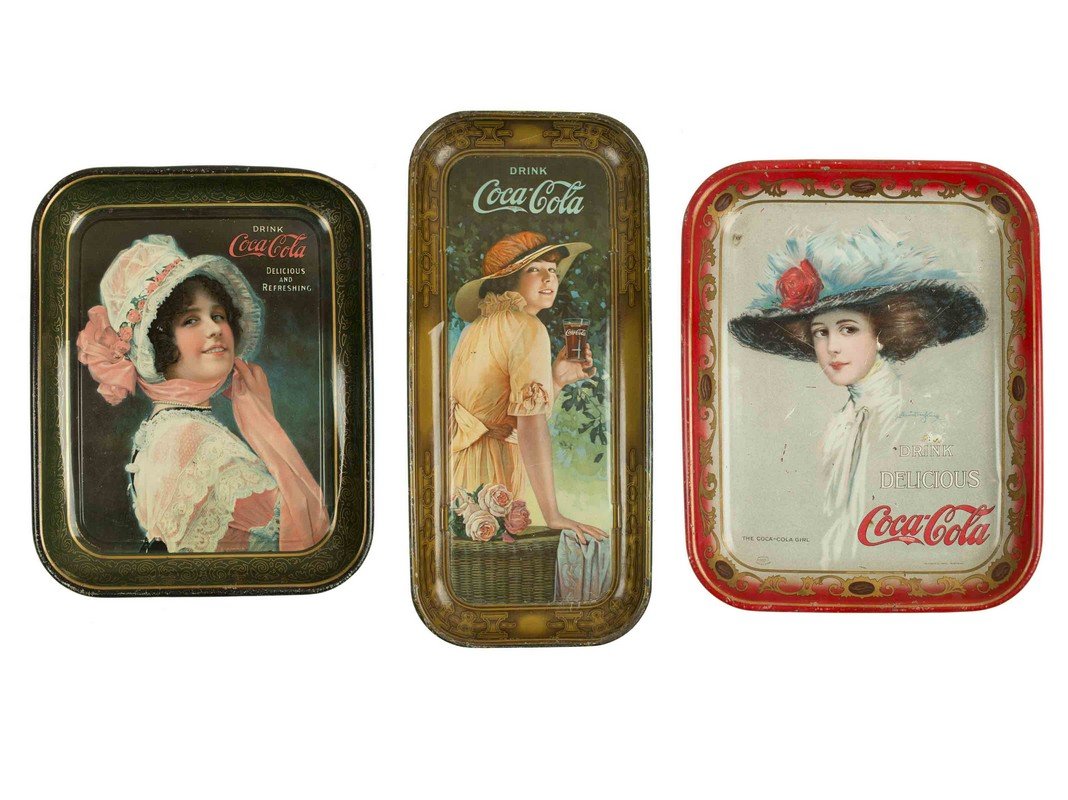 Coca-Cola Trays: 1910, 1914 & 1916: Coca-Cola trays: 1910 "The Coca-Cola Girl", 1914 "Betty" and 1916 "Elaine". Processing and shipping within the continental U.S. $46.00 plus 1.5% replacement cost insurance. We combine shipping to red