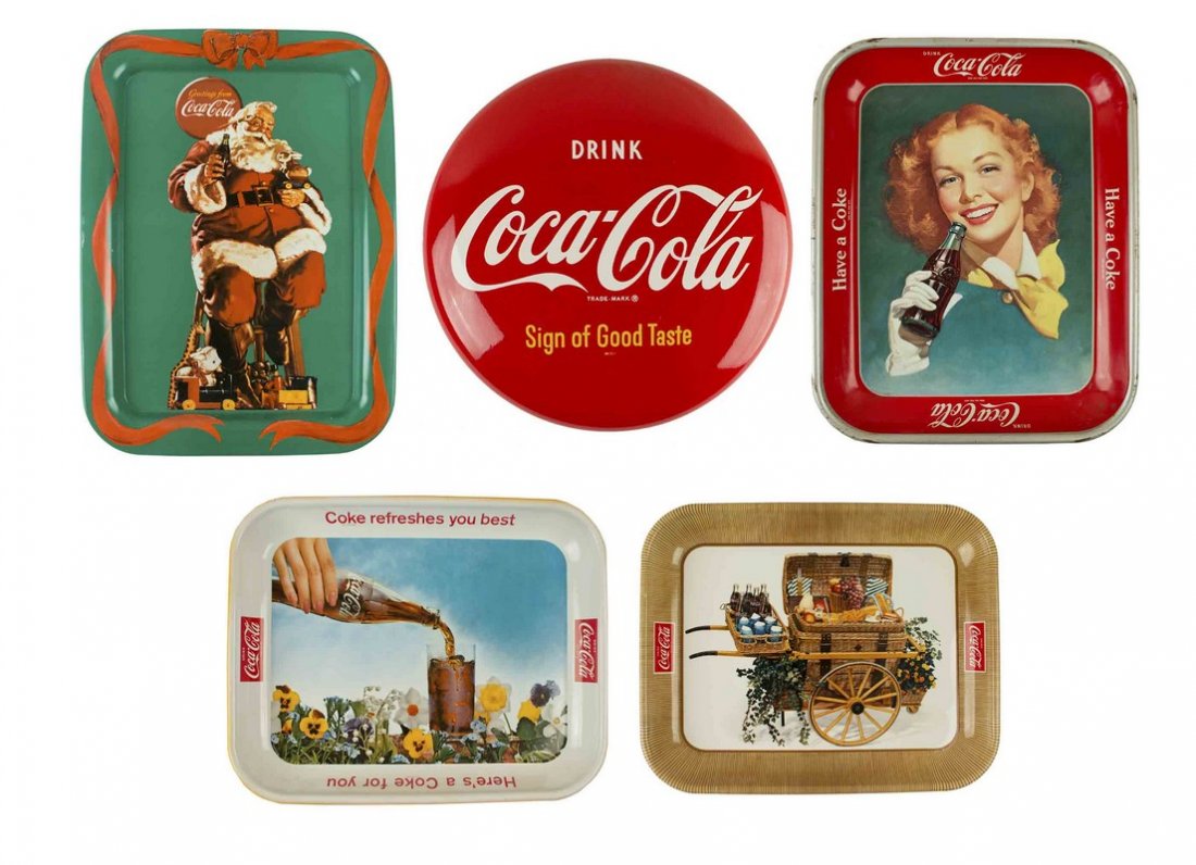 Coca-Cola Trays & "Disc": 1948, 1958, 1961 & 1990: Coca-Cola Trays & "Disc". The grouping of trays includes: 1948 "Coca-Cola Girl", 1958 "Picnic Cart", 1961 "Coke refreshes you best" and 1990 "Santa with Bunny". The trays measure 10 5/8" x 13 1/4". Th