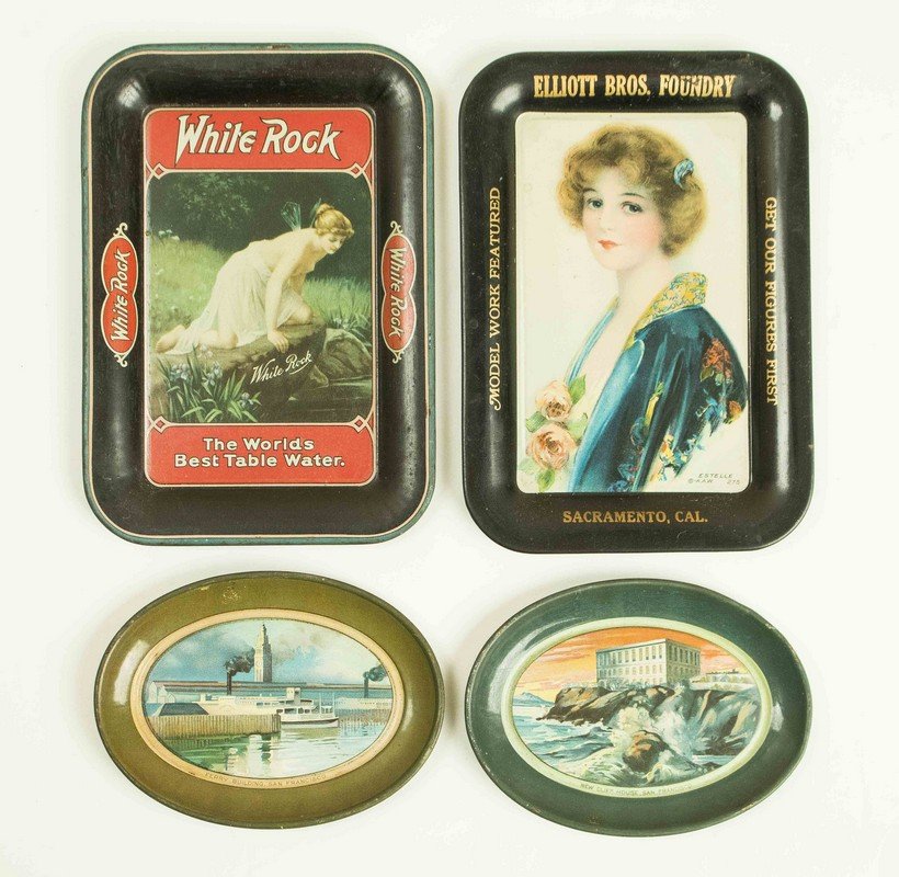 4 Advertising & Souvenir "Tin Lithograpy" Tip Trays: 4 Advertising & Souvenir "Tin Lithography" Tip Trays, including: Eliot Brothers Foundry, Sacramento, Cal. (By American Art Works), White Rock Mineral Water, Ferry Building and New Cliff House (Both in