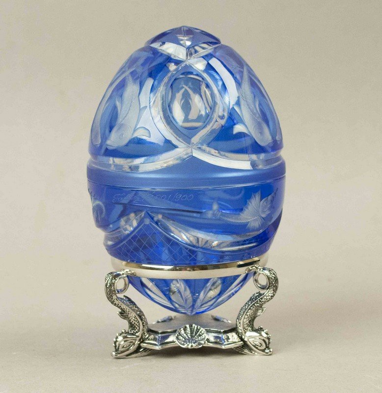 Boxed Blue Glass Faberge Egg with Ocean Theme: Boxed Blue Glass Faberge Egg with Ocean Theme. Processing and shipping within the continental U.S. $25. plus 1.5% replacement cost insurance. We combine shipping to reduce cost. Please note we do