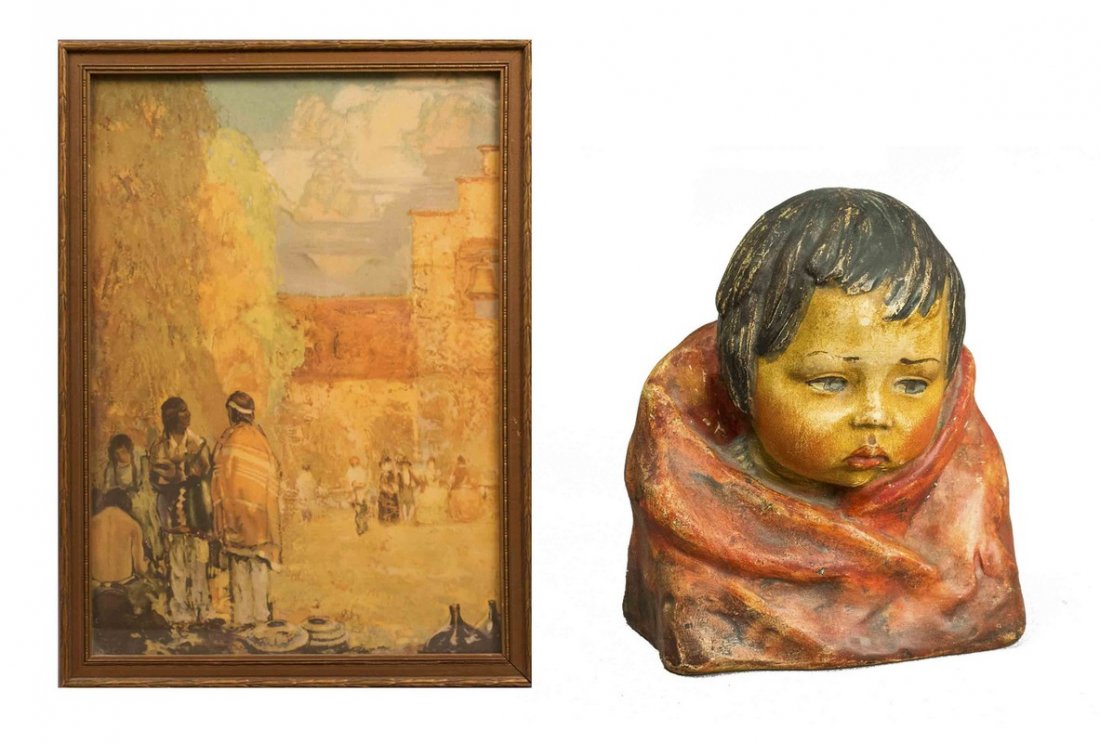 Esther Hunt Pomo Indian Girl & Spanish Colonial Plaza: Esther Hunt Pomo Indian Girl & Spanish Plaza Print. The Indian girl is chalkware. The Spanish Colonial Plaza Print is unmarked. Processing and shipping within the continental U.S. $32.00 plu