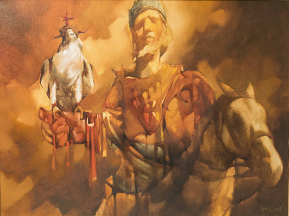 Charles Bragg (b. 1931) Painting: Framed oil on canvas depiction of a knight on horseback holding a bird of prey in his gloved hand by Charles Bragg (American, b. 1931). Signed lower right. Bragg is a noted American satirist. Sight: 3