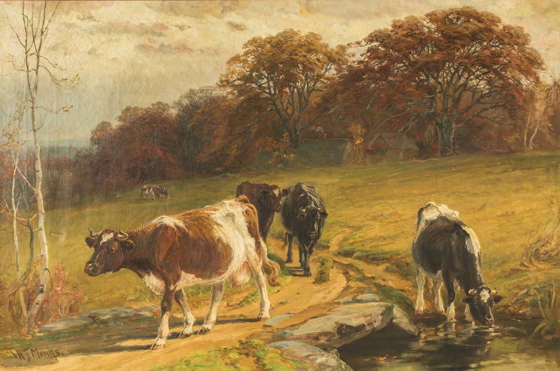 John Monks (1850-1917) Painting: Framed oil on canvas landscape with cows, "Coming Home" by John Monks (American, 1850-1917). Signed lower left. Bears partial Poland Spring Gallery exhibition label verso. Canvas: 36.5"h x 56.75"w. Fr