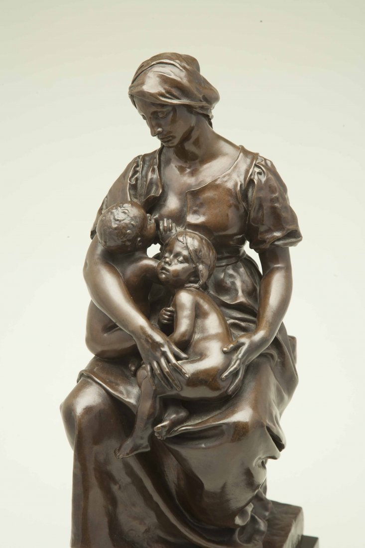 Paul Dubois (1829-1905), Bronze "Maternite": Bronze figural sculpture, "Maternite" depicting a young, seated woman with two children by Paul Dubois (French, 1829-1905). Inscribed on back, "P. Dubois" above F. Barbedinne foundry mark. Inscribed o