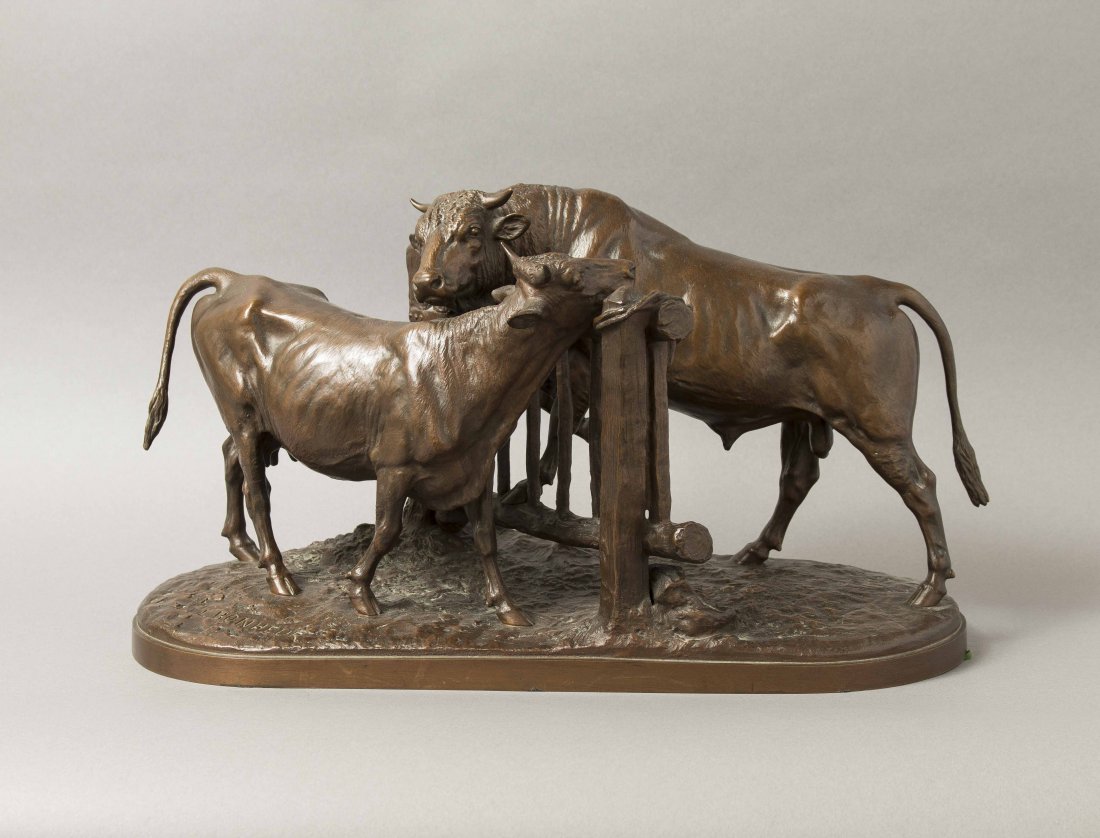 Isidore Bonheur (1827-1901) Bronze, "Vachette et: Bronze sculpture, "Vachette et Taureau" by Isidore Bonheur (1827-1901). Bronze with light brown patina. Incised in bronze, "I. Bonheur". No foundry mark noted. 10.75"h x 21"l x 9.25"d. For shipping qu