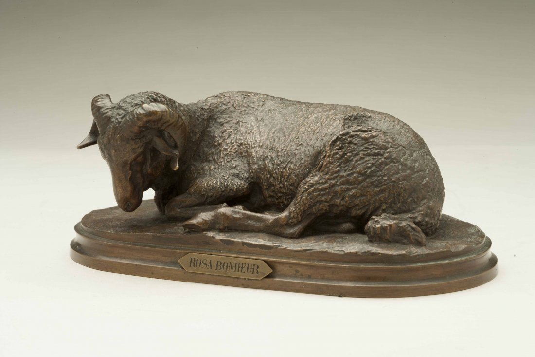 Bronze Sculpture, After Rosa Bonheur (1822-1899): Bronze sculpture recumbent ram, after Rosa Bonheur (French, 1822-1899). Signed in cast. 3.25"h x 8.87"l. Shipping: Processing and shipping within the continental U.S. $25.00 plus 1.5% replacement cost
