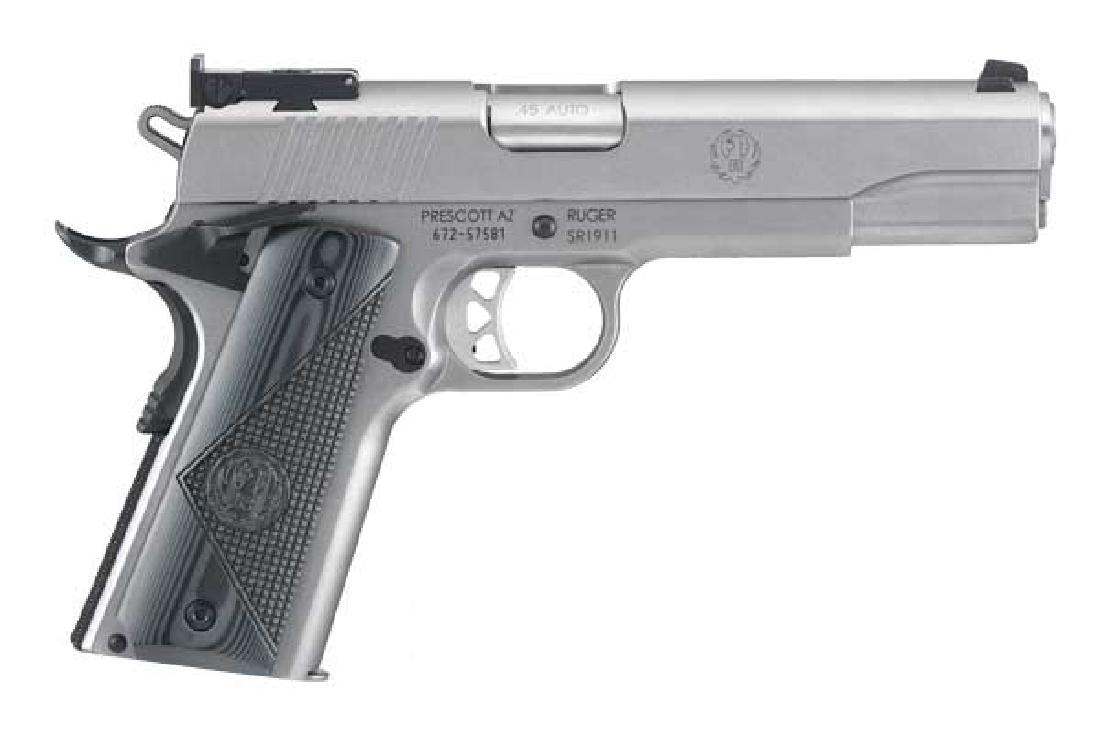 Ruger Pistol: Semi-Auto SR1911 Series 45AP Caliber: Manufacturer: Ruger Gun Type: Pistol: Semi-Auto Model Series: SR1911 Caliber: 45AP Action: Single Action Magazine capacity: 7+1 & 8+1 Finish: Low-Glare Stainless Steel Stock: Deluxe Checkered G10/ Che