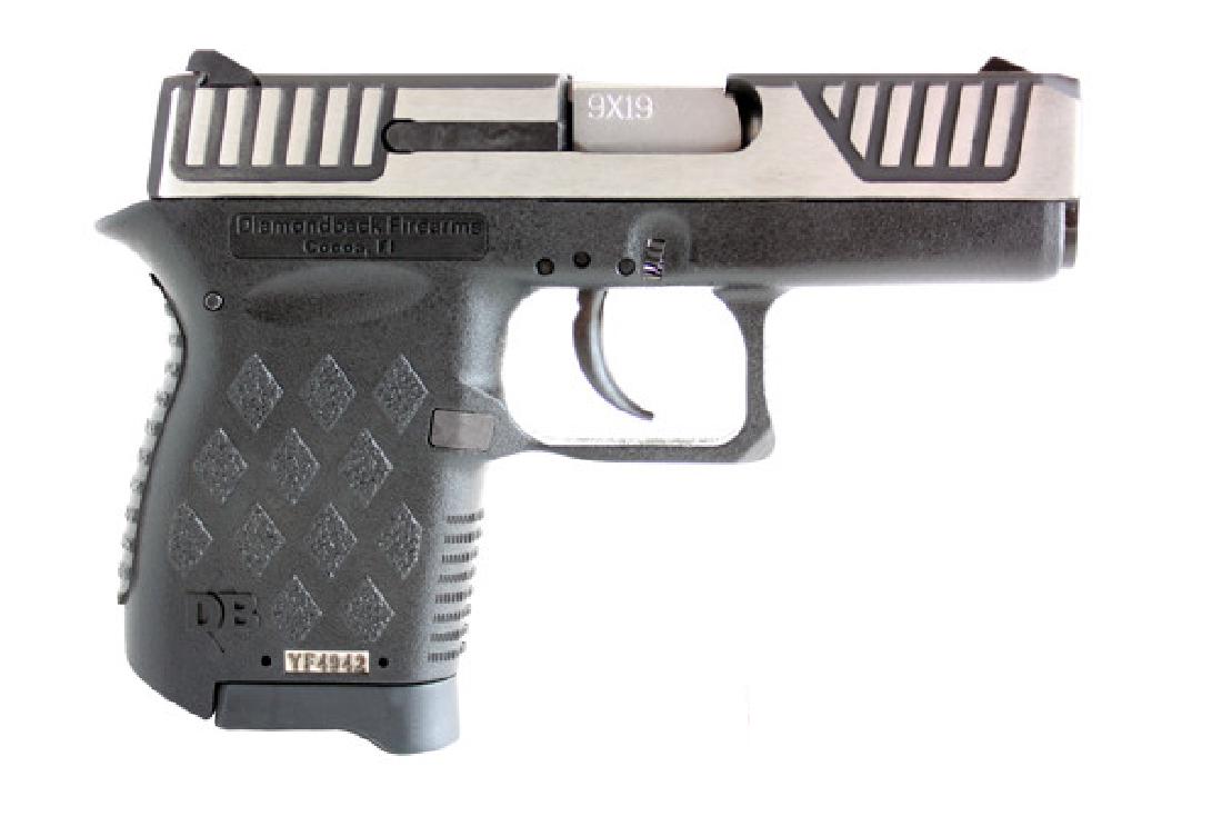 Diamondback Firearms Pistol: Semi-Auto DB9 Series 9MM: Manufacturer: Diamondback Firearms Gun Type: Pistol: Semi-Auto Model Series: DB9 Caliber: 9MM Action: Double Action Only Magazine capacity: 6+1 Finish: Tw-Tone Stock: Black Polymer Frame Sights: Fixed