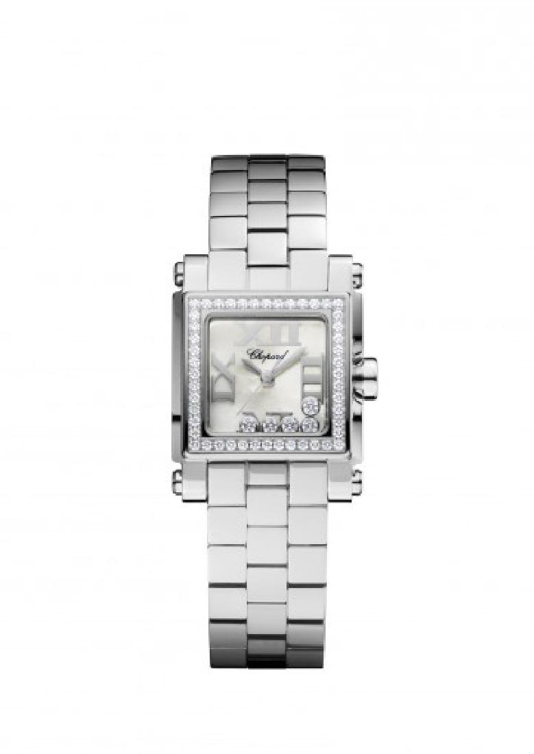 Chopard Happy Sport Square Quartz Ladies Watch: Chopard Happy Sport. Quartz Movement. Stainless Stee. The dial is Mother of Pearl. Displays Hour, Minutes, Seconds. Has Diamond Bezel and Floating Diamonds Inside. Box and Papers.