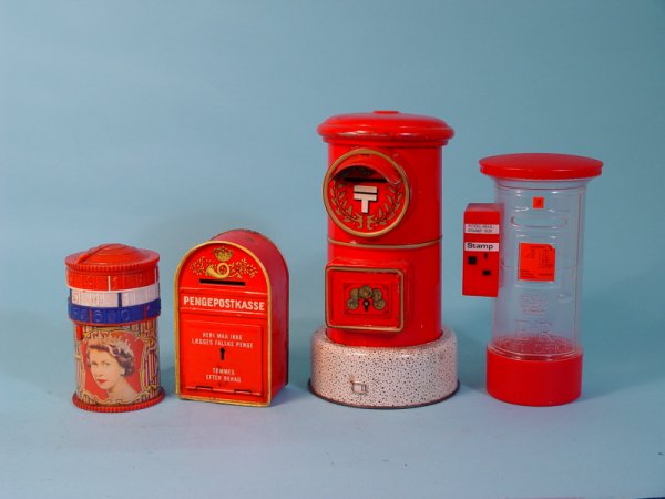 Lot of 4 Tin/Plastic English Mailbox banks