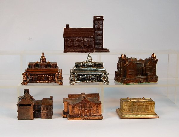 Lot of 7 White Metal building banks