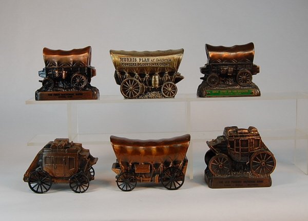 6 White Metal banks: Stagecoach (2), Covered Wagon