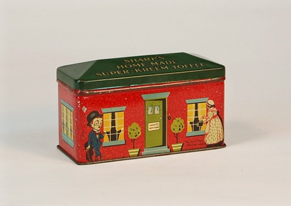 "Sharp's Toffee" Tin advertising building bank