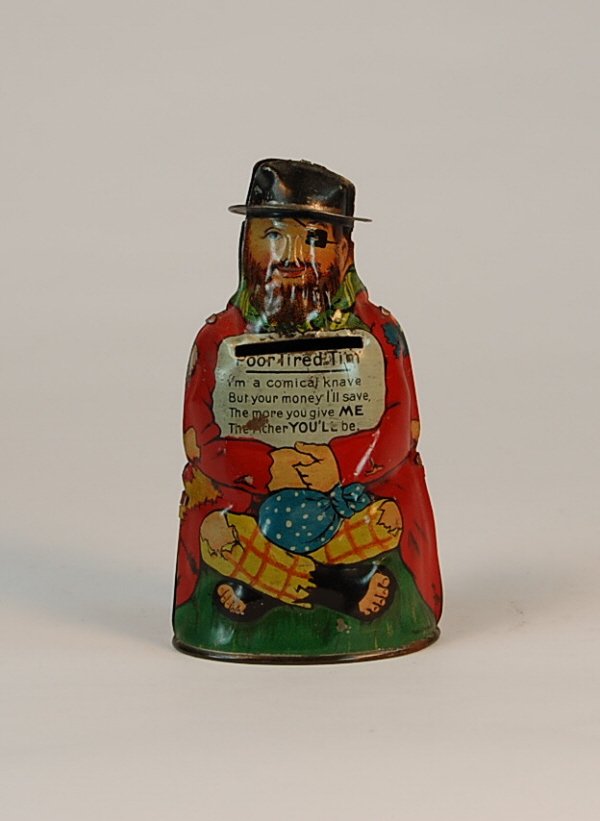 "Tired Tim" Tin bank: 4 3/4 inch high (Excellent)