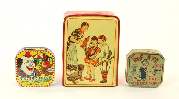 Lot of 3 registering banks: Tin. Popeye, Clown and Monkey, Mother and Children.