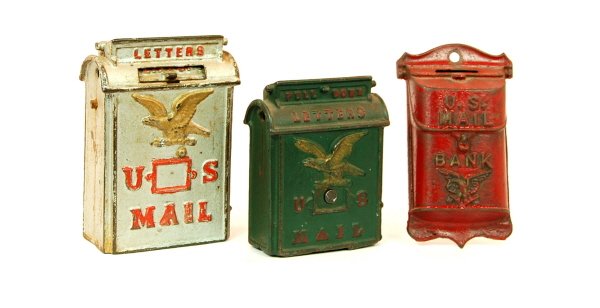 Lot of 3 Mailbox banks: Cast Iron. "US Mail" with Eagle 5 1/8 in. tall. "US Mail" with Eagle 4 1/8 in. tall. "US Mail" Hanging Mailbox 5 1/8 in. tall.