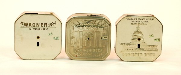 Lot of 3 dime register banks: Tin. "Wagner Ford", "Lucky", "Capitol" "Willimantic Savings Institute". All 2 1/2 in. across.