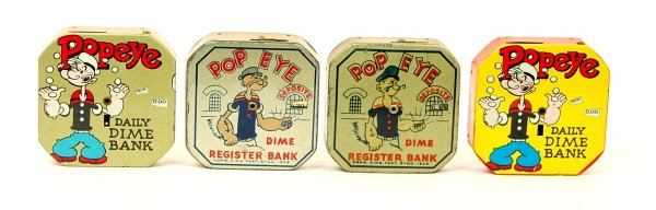 Lot of 4 Popeye dime banks: Tin. All 2 1/2 in. across.
