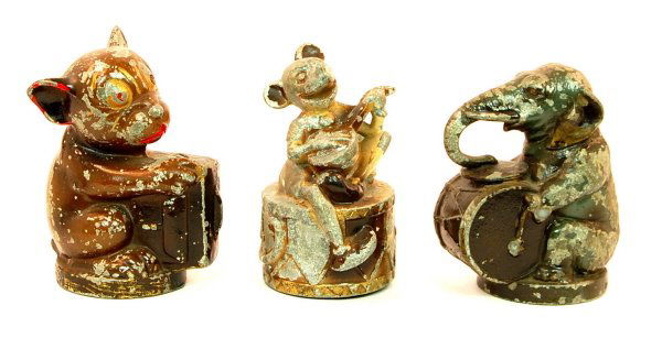 Lot of 3 English banks: White Metal. Bonzo with Suitcase 5in. Tall. Mickey Mouse Playing Mandolin on Drum 4 11/16 in. tall. Elephant Playing Drum 4 1/2 in. tall.