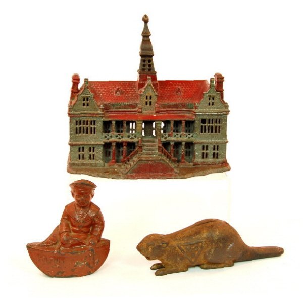 Lot of 3 banks: Cast iron. Palace, Dolphin, Canadian Beaver.