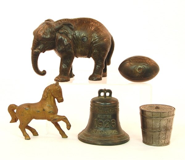 Lot of 5 banks: Cast iron. Large Elephant, Football, Prancing Horse, 1926 Sesquicentennial Bell, "White City Puzzle Bank No. 2" Pail.