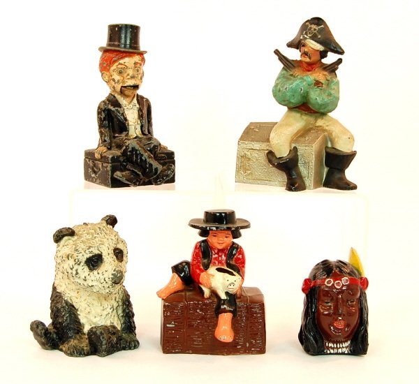 Lot of 5 banks: White Metal: Pistol Packing Pirate, Charlie McCarthy, Seated Panda, Amish Boy on Bale of Hay. Lead: Bust of Pocahuntas.