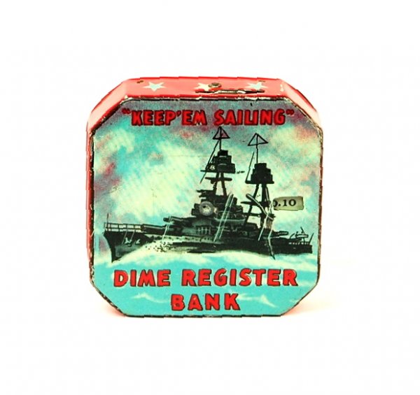 "Keep 'Em Sailing" dime register bank: Tin. 2 1/2 in. across.