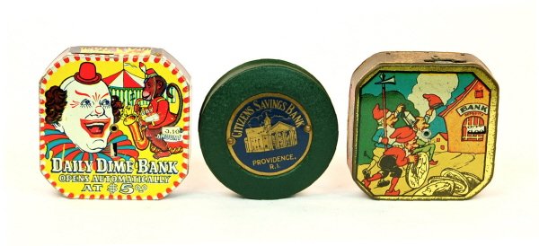 Lot of 3 dime banks: Tin: Clown & Monkey and Elves Rolling Coins - both 2 1/2 in. across. Steel: "Citizens Savings Bank" - 2 3/8 in. across.