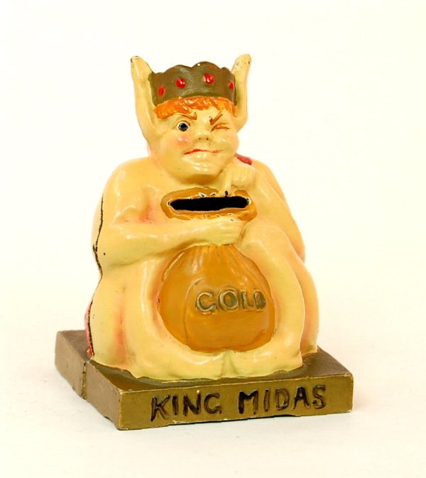 King Midas bank: Cast Iron. 4 1/2 in. tall.