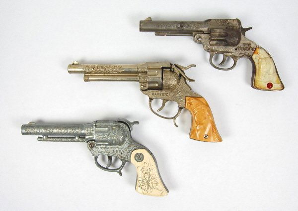 The Sheriff, Maverick, & Hopalong Cap Guns: 9 in., 9 in., & 9 in. respectively.