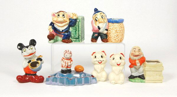 7 figural Ceramic items: Soccer Player Ashtray. Thumper S&P Shakers. Mickey Mouse (pincushion?). Happy, Bashful, & Grumpy Toothpick Holders.