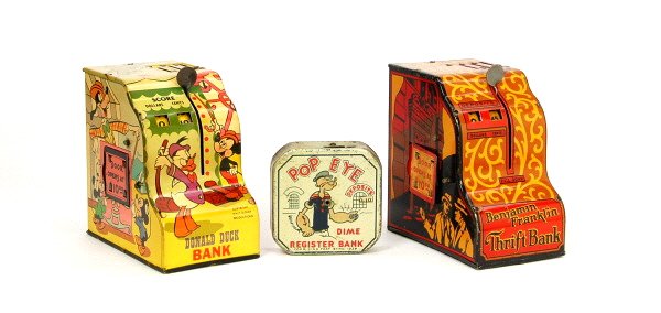 Lot of 3 Tin registering banks: Popeye dime register. Ben Franklin Thrift Register. Donald Duck Register.