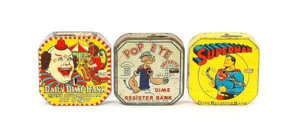 Lot of 3 Tin dime registering banks: Popeye. Superman. Clown & Monkey.