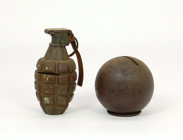 Lot of 2 Cast Iron Grenade banks: "Buy WSS" Grenade 4 1/4 in. Round Grenade 2 7/8 in.