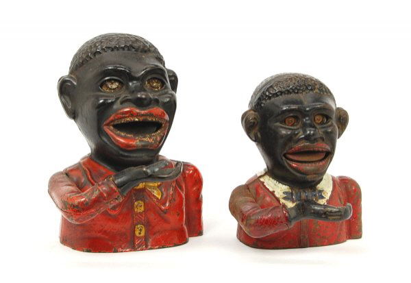 Lot of 2 black-themed mechanical banks: Cast Iron. "Little Joe" & "Jolly N…".