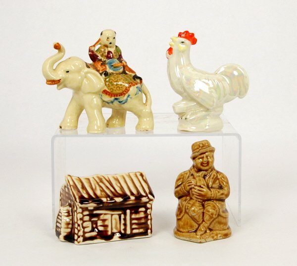 Lot of 4 Ceramic banks: Crowing Rooster. Van Dyke Teas Log Cabin. Seated Man with Jug. Boy on Elephant.