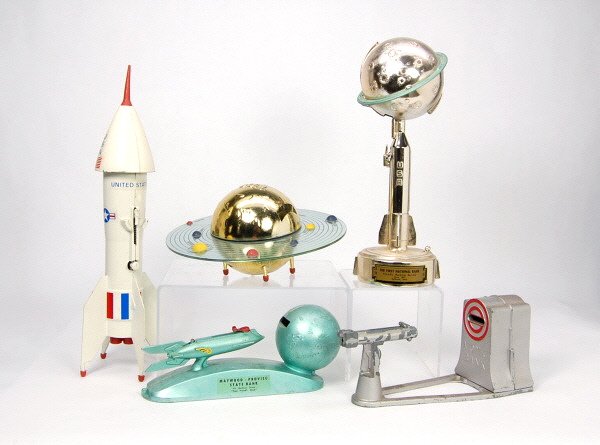 Lot of 5 space-themed mechanical banks: White Metal. Rocket, Strato, Atomic Bank, Plan-it, Destination Moon.