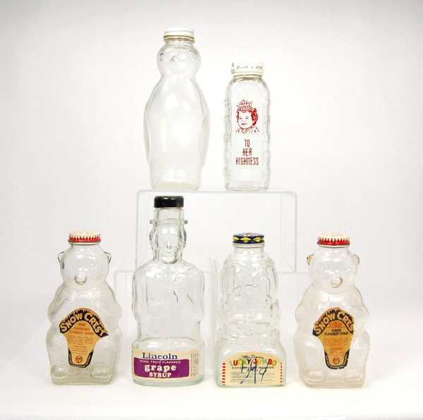 Lot of 6 Glass banks: Uncle Sam, Elephant, Bear (2), Penguin, Baby Bottle.