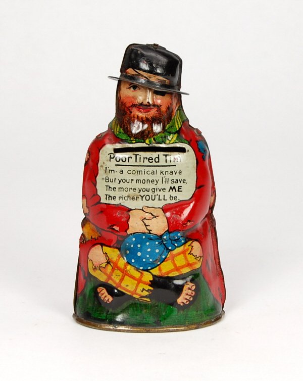 "Poor Tired Tim" bank: Tin. 4 7/8 in.