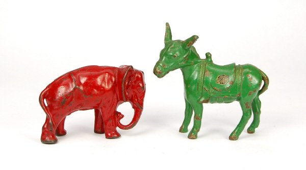 Arcade Elephant & Donkey banks: Cast Iron. 2 5/8 in. & 4 3/8 in. respectively.