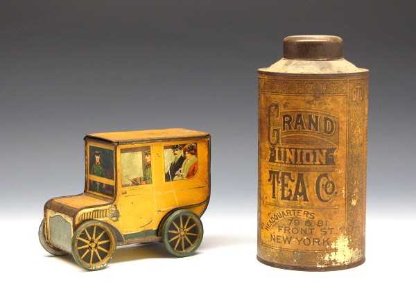 Gray Dunn Limousine Biscuit Tin + Grand Union Tea : Tin. Limousine is 4 11/16 in. high. Grand Union Tea Co. is 8 5/8 in. high.