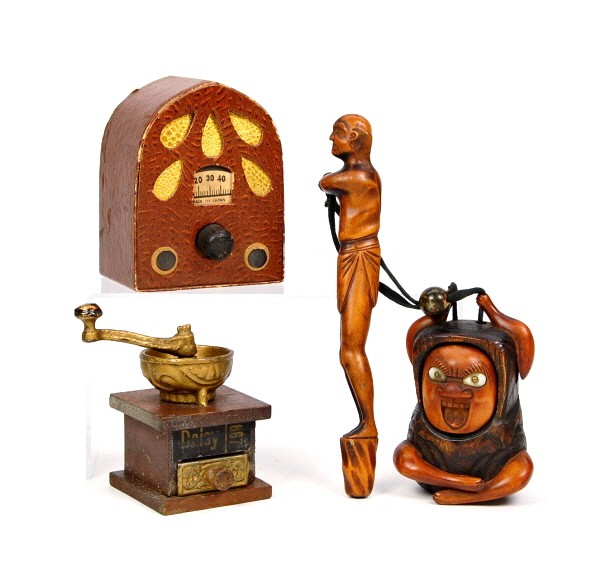 Snuff box, "Daisy" coffee grinder, & Radio toy.: Snuff Box (Inro) is Wood, "Daisy" is Wood & Metal, & Radio is fiberboard/cardboard.