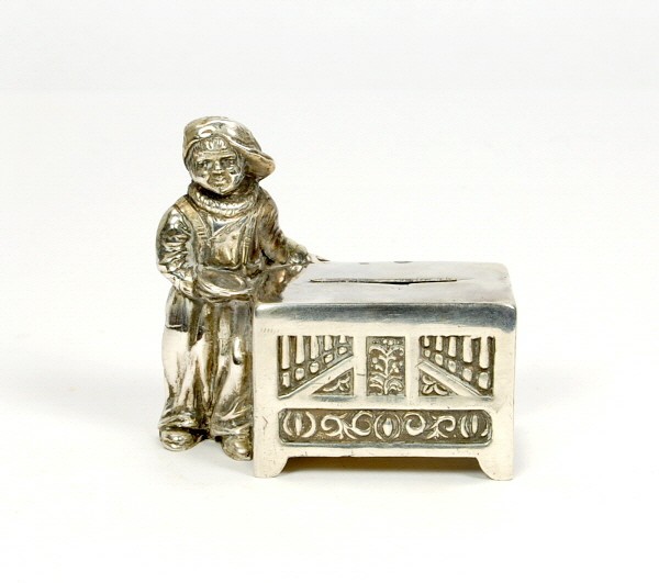 Jackie Coogan by Chest silvered lead bank.: 3 3/16 in.