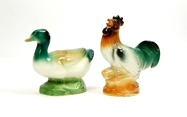 Crowing Rooster & Duck banks.: Ceramic. Rooster: "Austria", 5 3/4 in. Duck: 4 3/4 in.