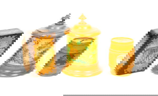 Lot of 3 Wooden banks.: "Post Office Savings Bank" cylinder, "The Basin" Barrel, & "Horseshoe Falls" Box. Tallest is 5 1/4 in.