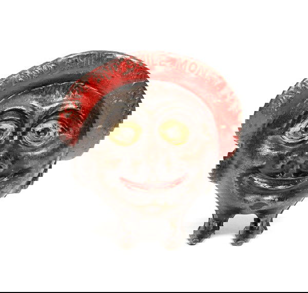 "Save and Smile Money Box" bank.: Cast Iron. 4 1/4 in.